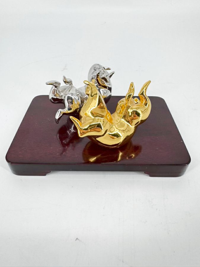 RISIS Gold & Silver Bull Chopstick Holders on Wood Base