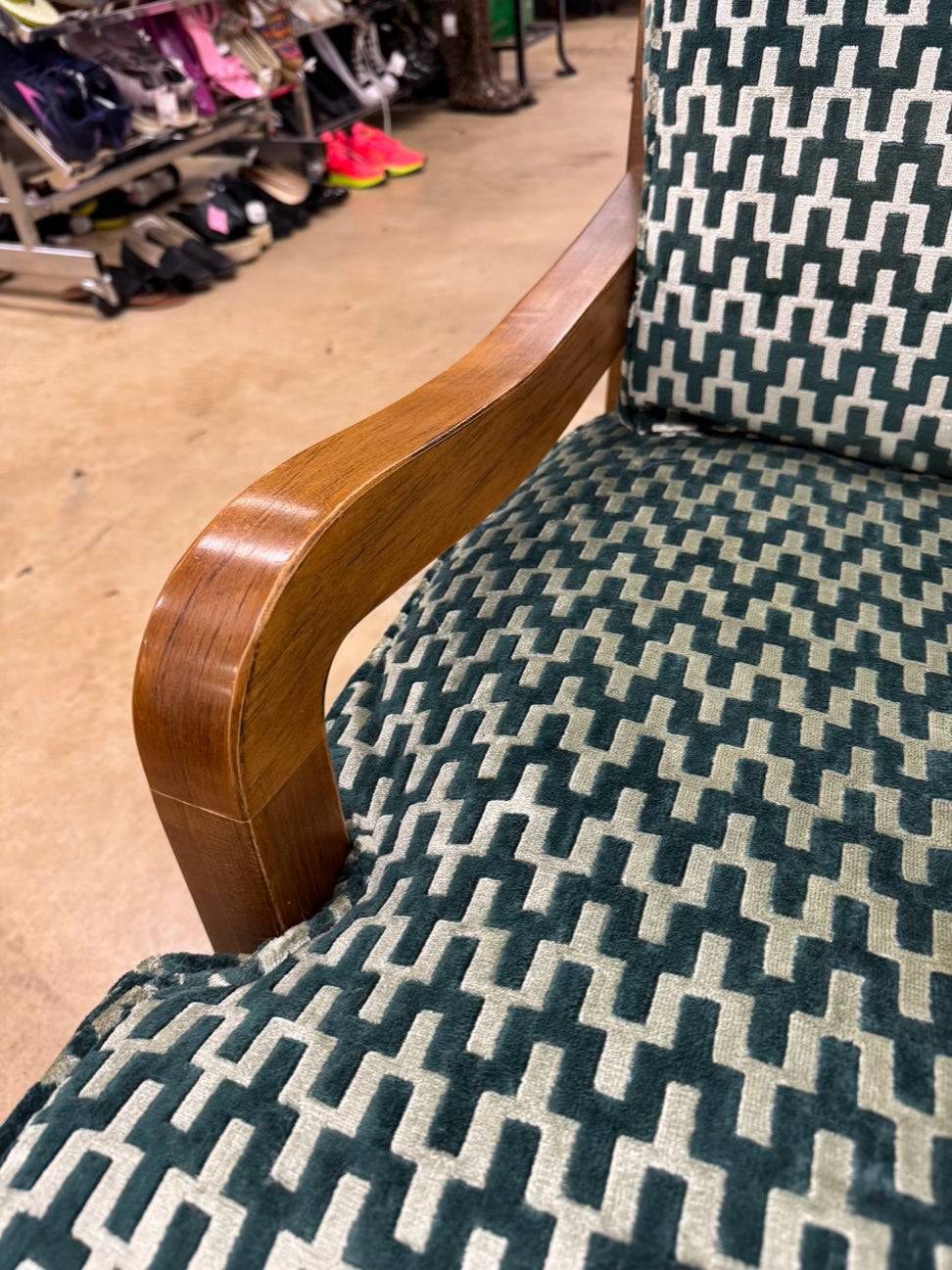 Wood Green Geometric Upholstered Pair of Chairs w/ Ottoman