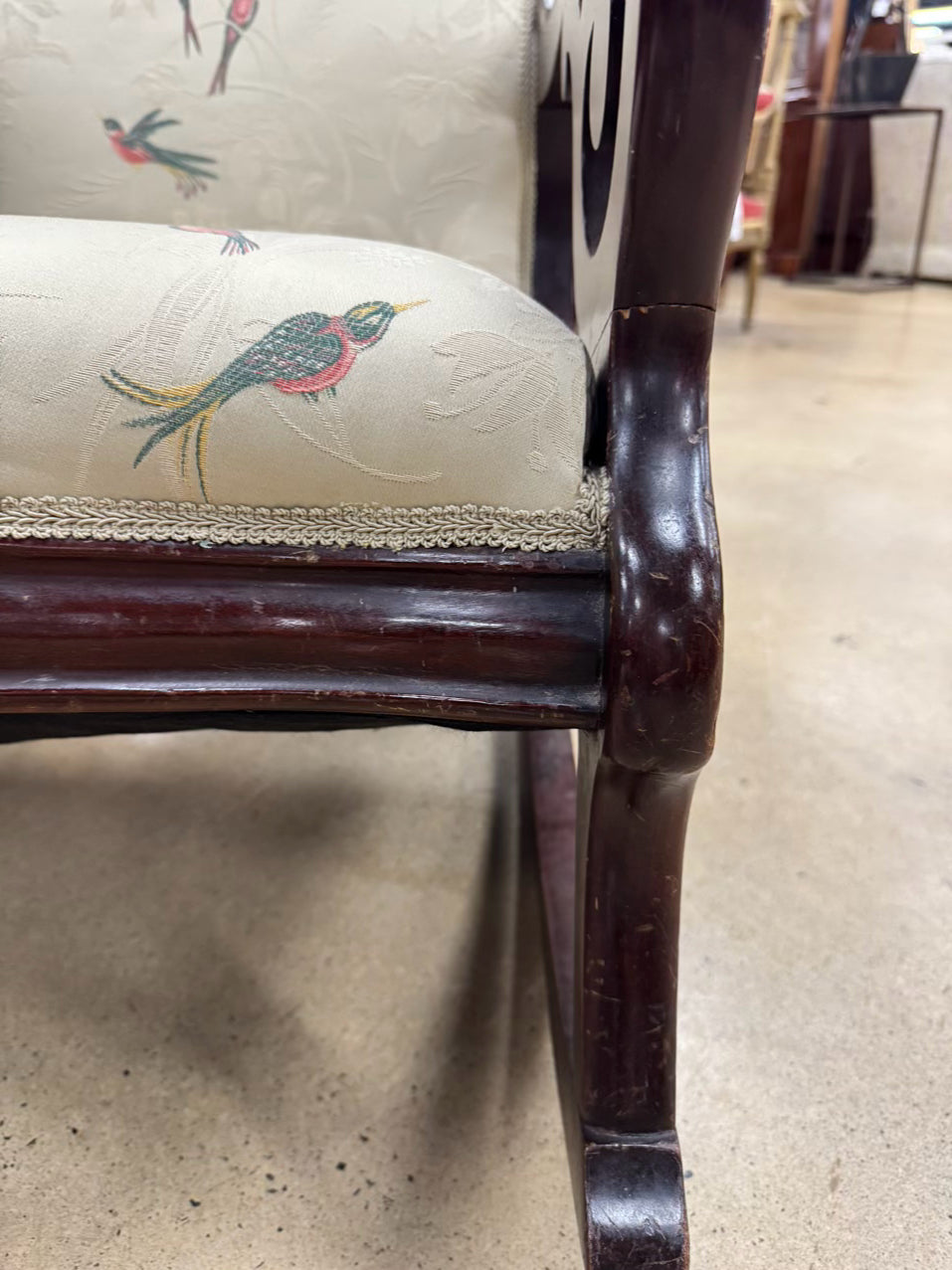 VINTAGE Wood Cream, Pink & Green Birds Upholstered Rocking Chair