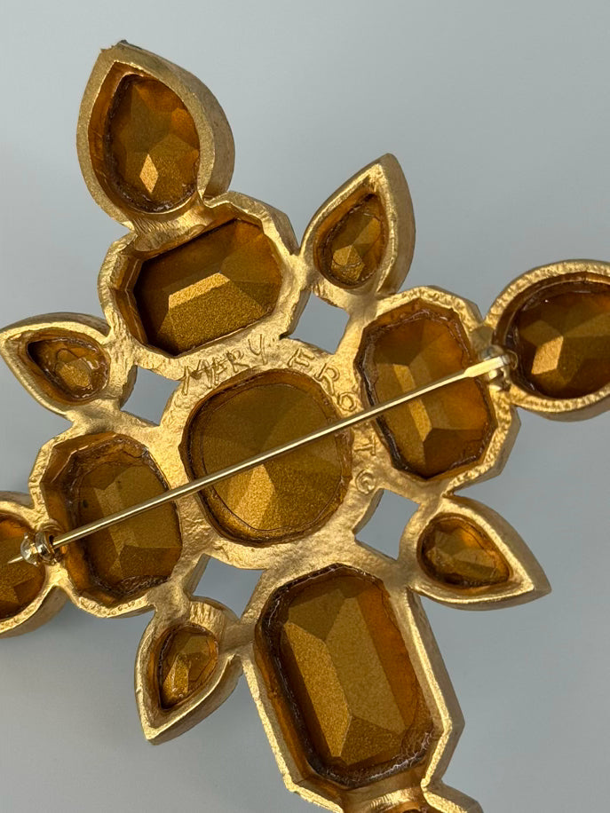 MARY FROST Gold Tone Colorful Rhinestones Cross Brooch