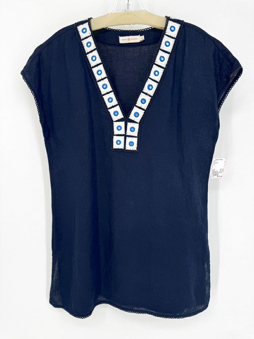 TORY BURCH Size M Navy Embroidered Neck Tunic