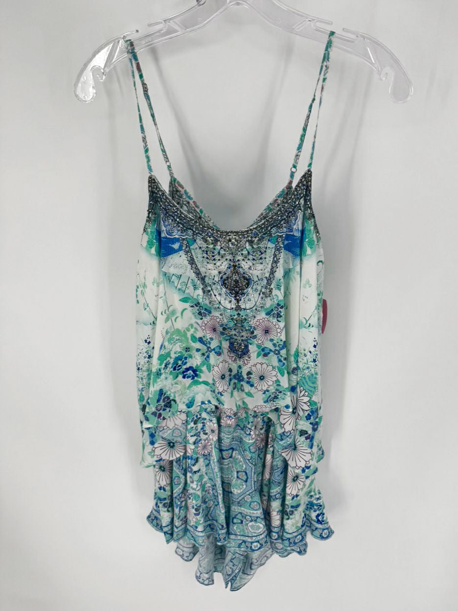 CAMILLA Size L Teal Floral Jeweled Silk Romper