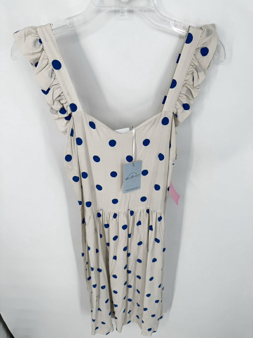 SAINT TROPEZ Size XS Taupe & Cobalt Dots Sleeveless Udelia Dress NWT