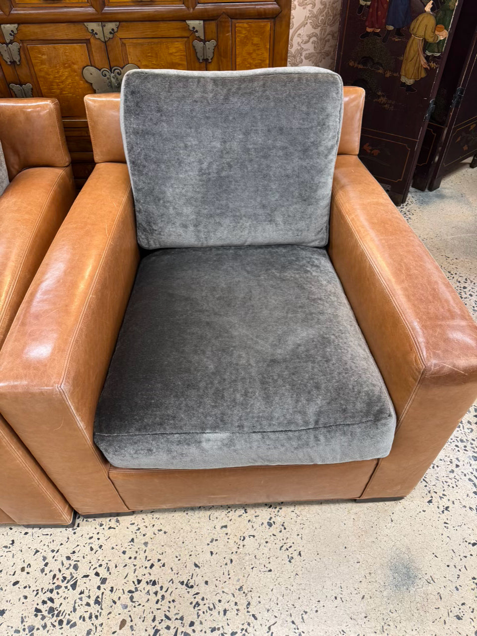 BAKER Brown & Green Coach Leather & Mohair Pair of Club Chairs