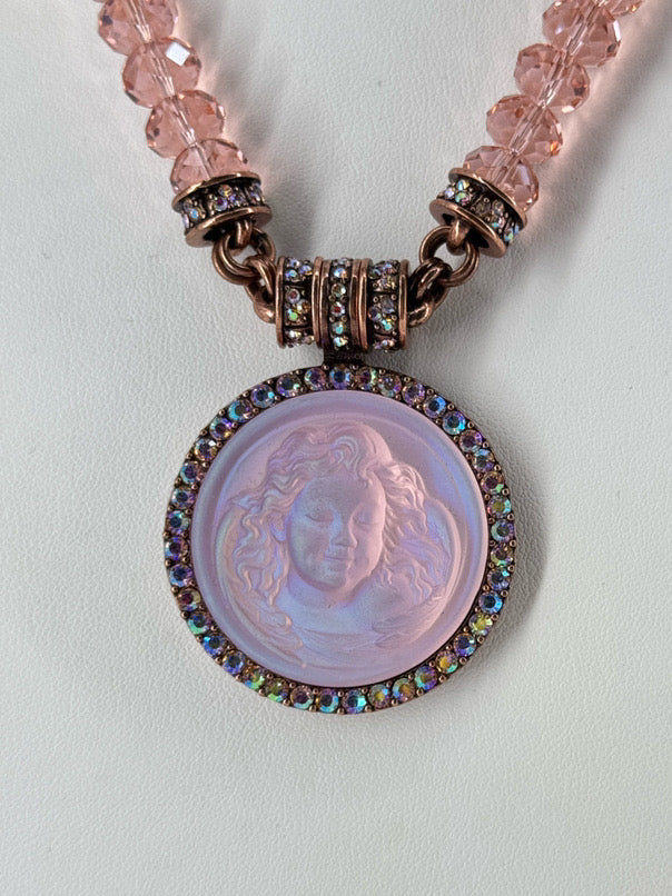 KIRKS FOLLY Rose Gold Tone Pink Angel Cameo Pendant Necklace