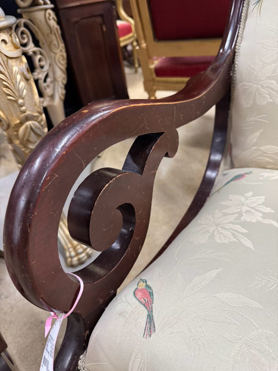 VINTAGE Wood Cream, Pink & Green Birds Upholstered Rocking Chair