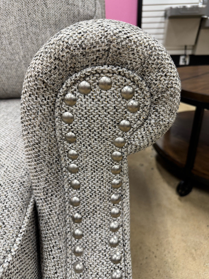 Gray & White Tweed Nail Heads Sofa