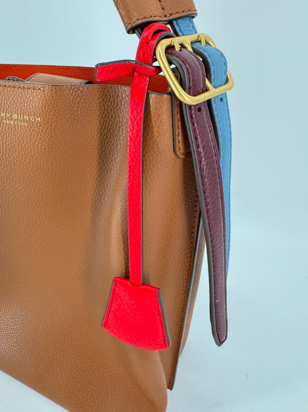 TORY BURCH Camel Leather 2-Strap Perry Bucket Bag