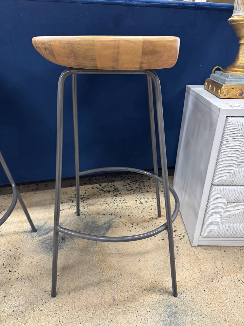 WEST ELM Natural Wood & Gray Steel Counter Stool