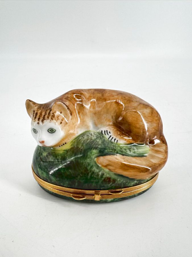 LIMOGES Brown & Green Cat Ceramic Trinket Box