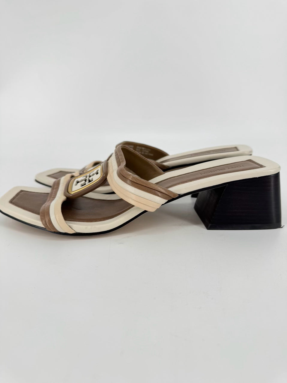 TORY BURCH Size 8.5 Brown & Cream Leather Logo Kitten Heels
