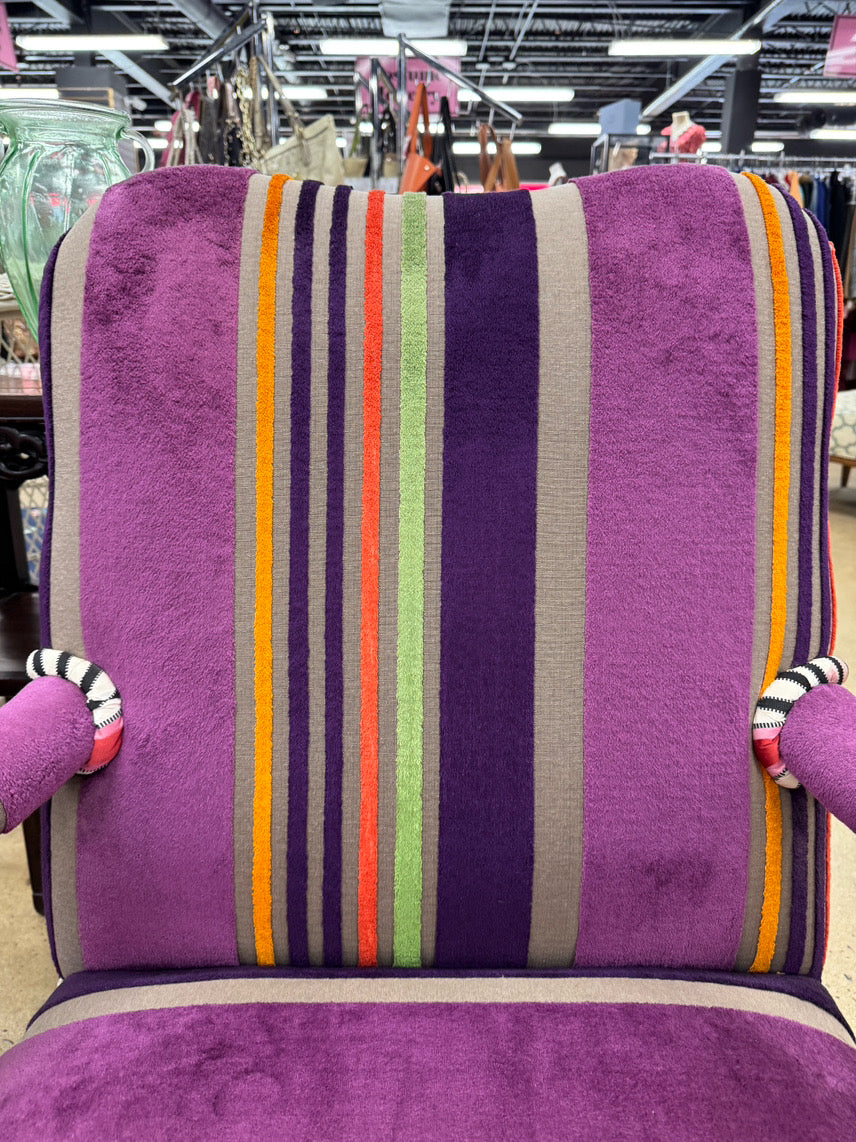 Purple & Orange Stripe Upholstered Queen Anne Ball & Claw Pair of Chairs