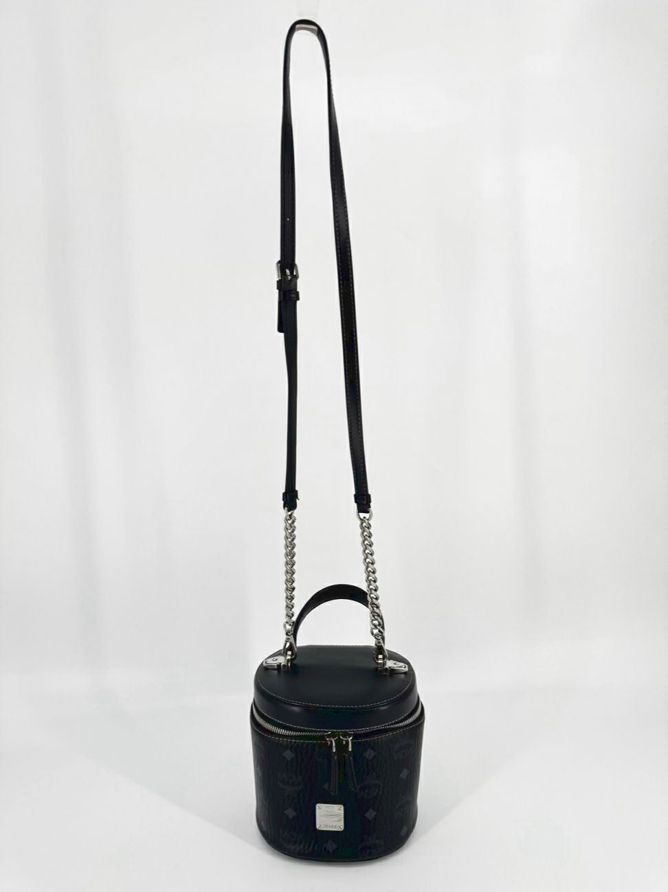 MCM Black Leather Visetos Cylinder Crossbody Bag