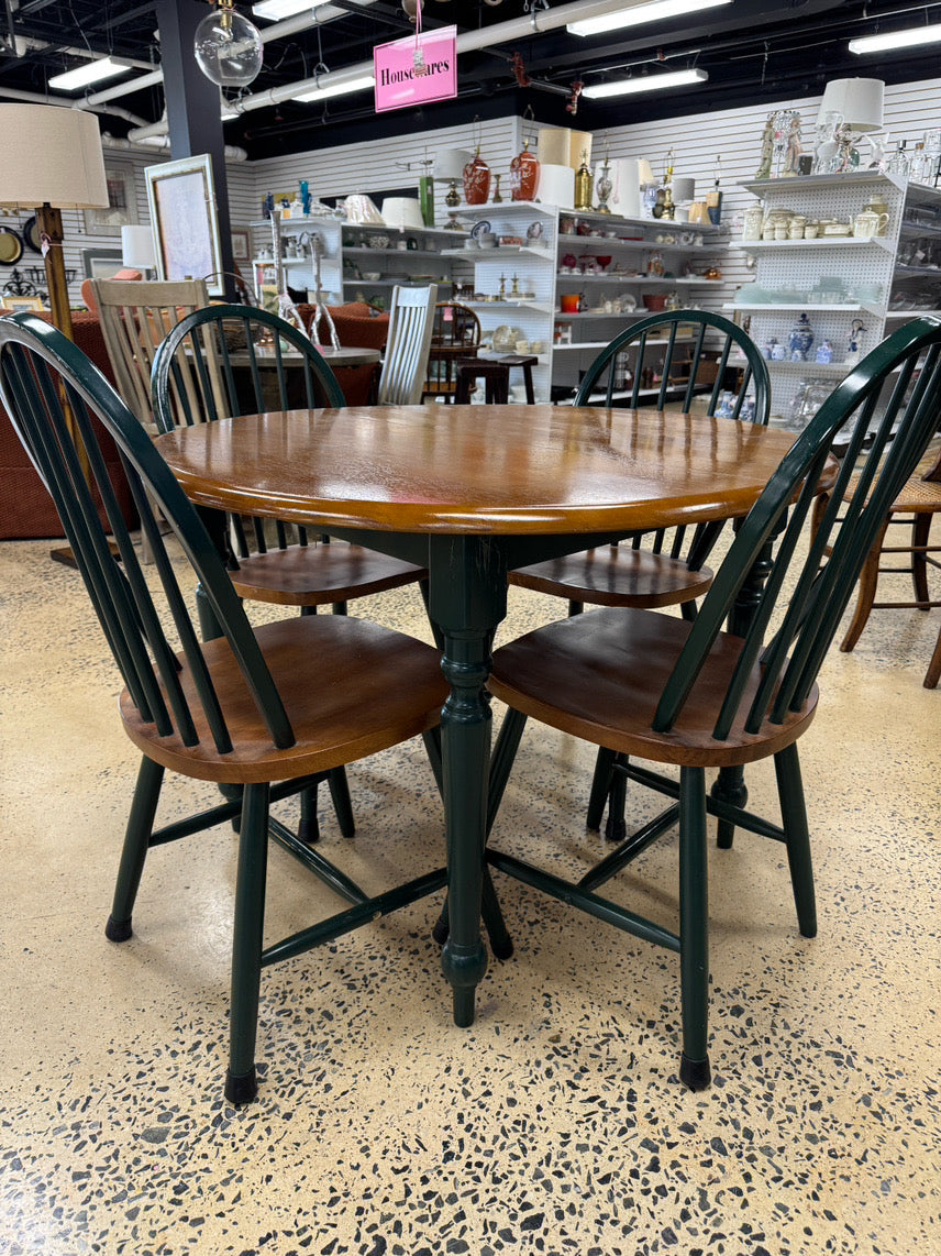 Brown & Green Wood Table & 4 Chairs w/ Leaf
