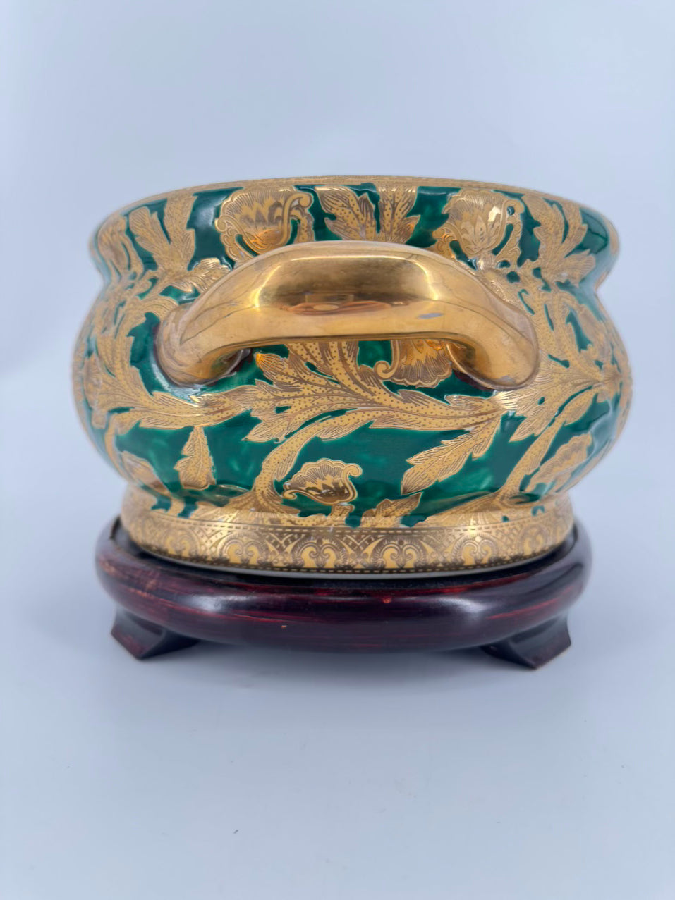 Green & Gold Fish & Flowers Porcelain Planter w/ Wood Stand