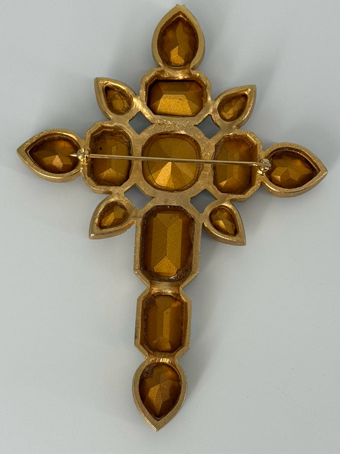 MARY FROST Gold Tone Colorful Rhinestones Cross Brooch