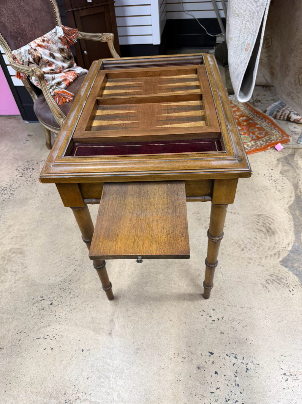 ANTIQUE Wood Game Table w/ Game Side & Solid Top