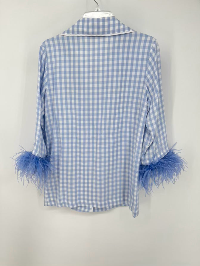 SLEEPER Size XS Periwinkle Feather Trim Checkered Pajama Set NWT