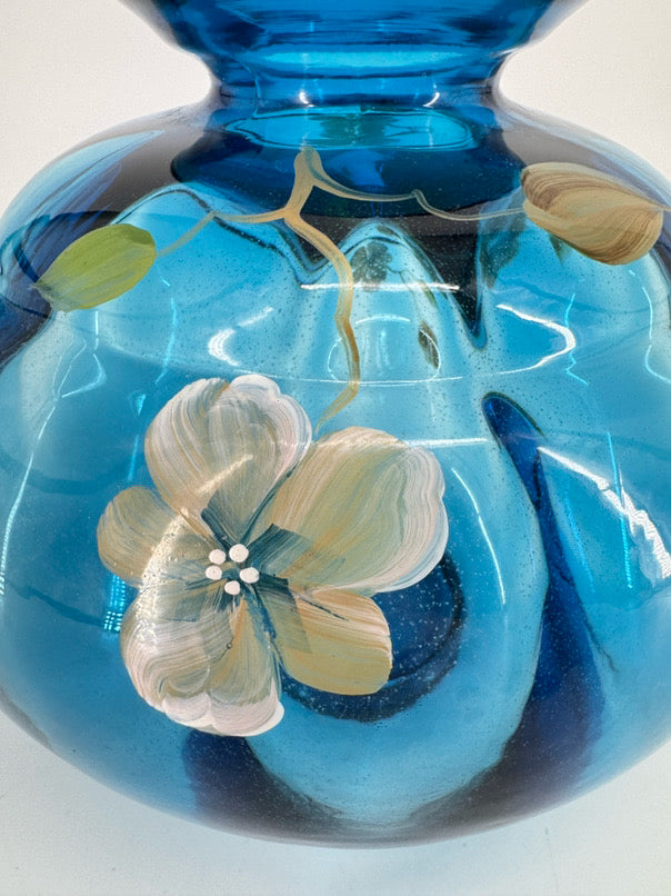 FENTON S. BRYAN Blue Glass Hand Painted Flowers Vase