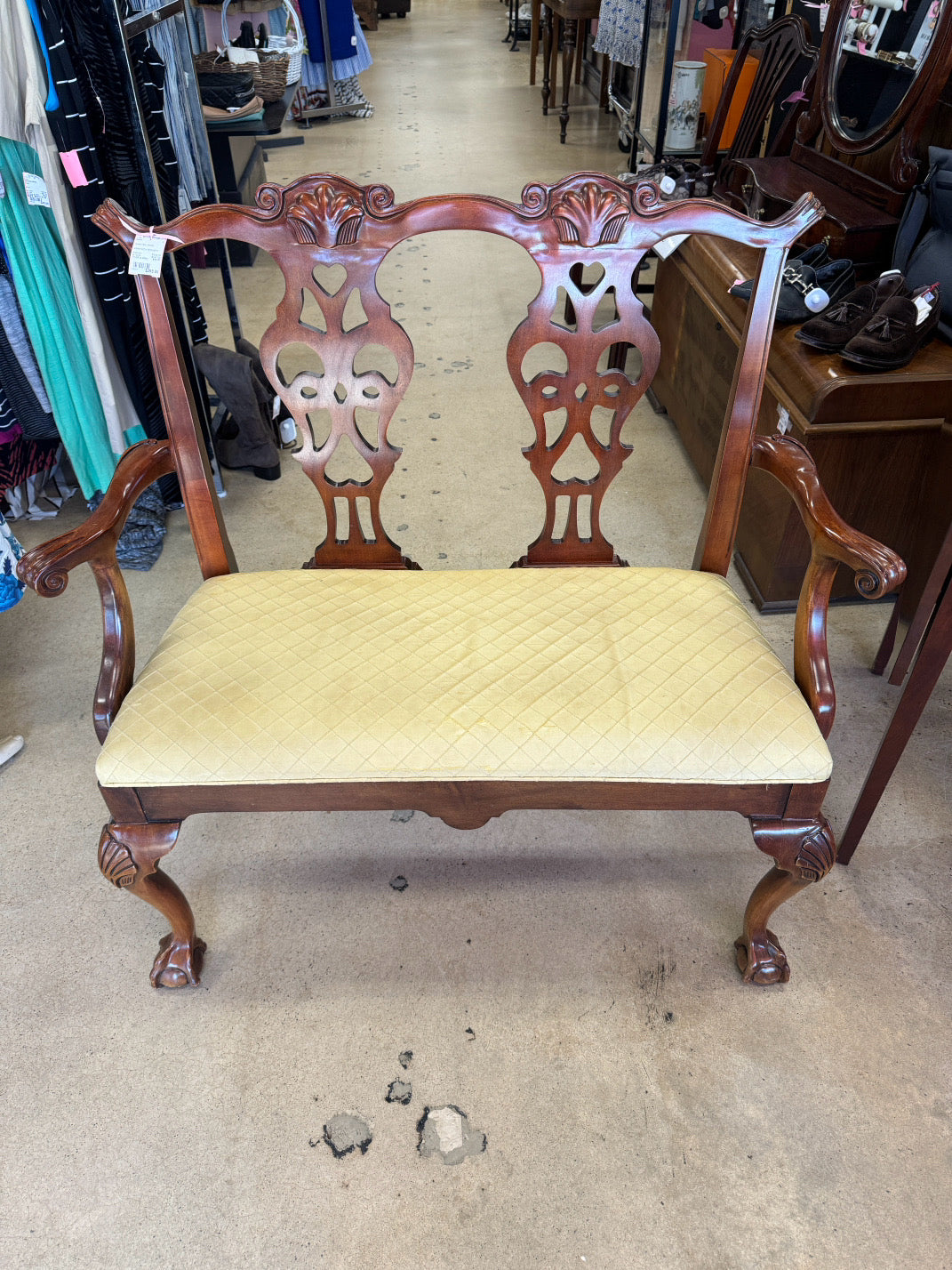 Wood & Upholstered Yellow Queen Ann Bench