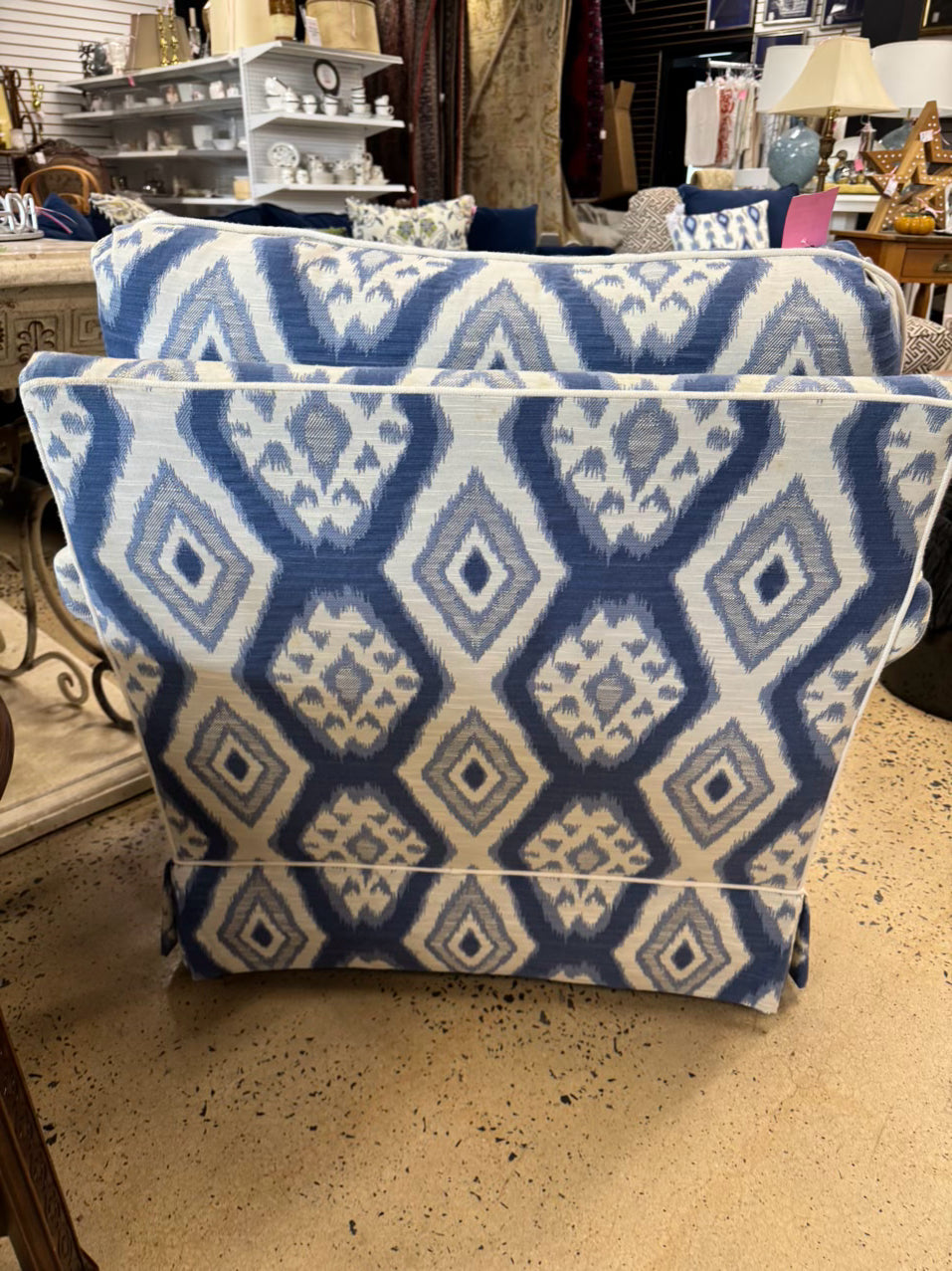 Blue & White Geometric Club Chair & Ottoman