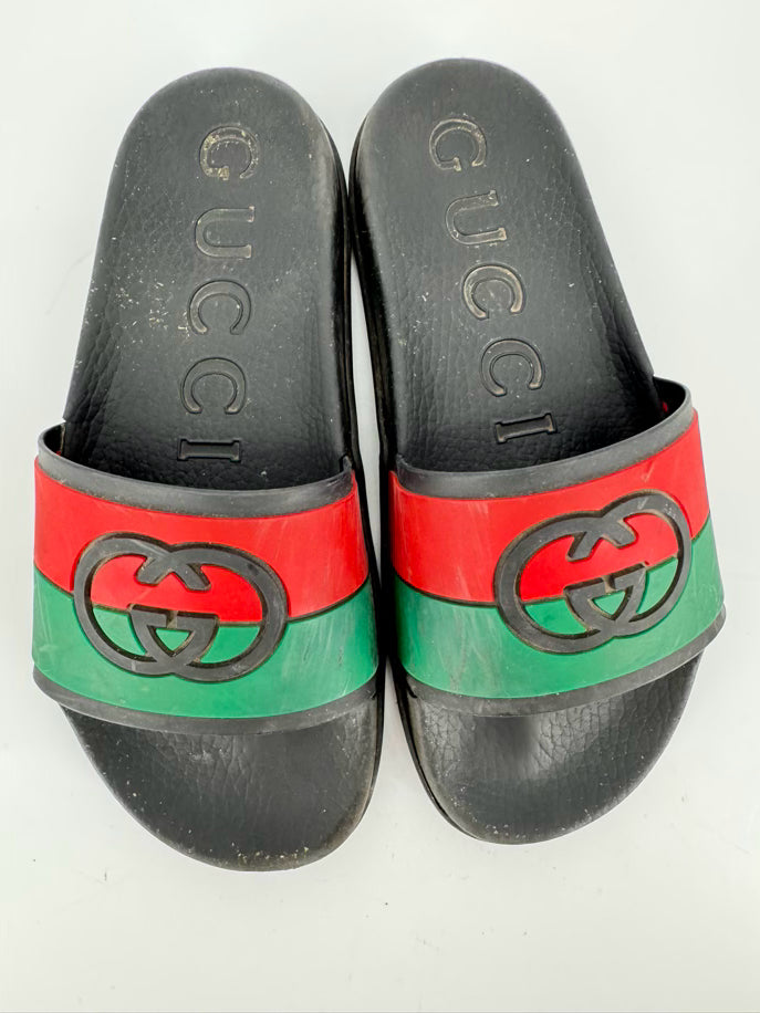 GUCCI Size 8.5 Black, Red & Green Rubber Slides