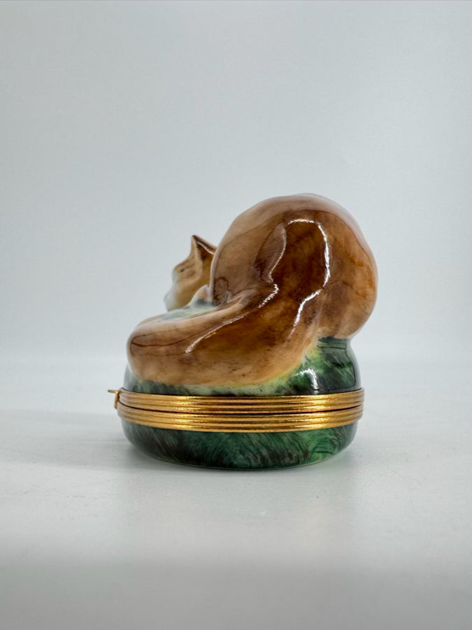 LIMOGES Brown & Green Cat Ceramic Trinket Box