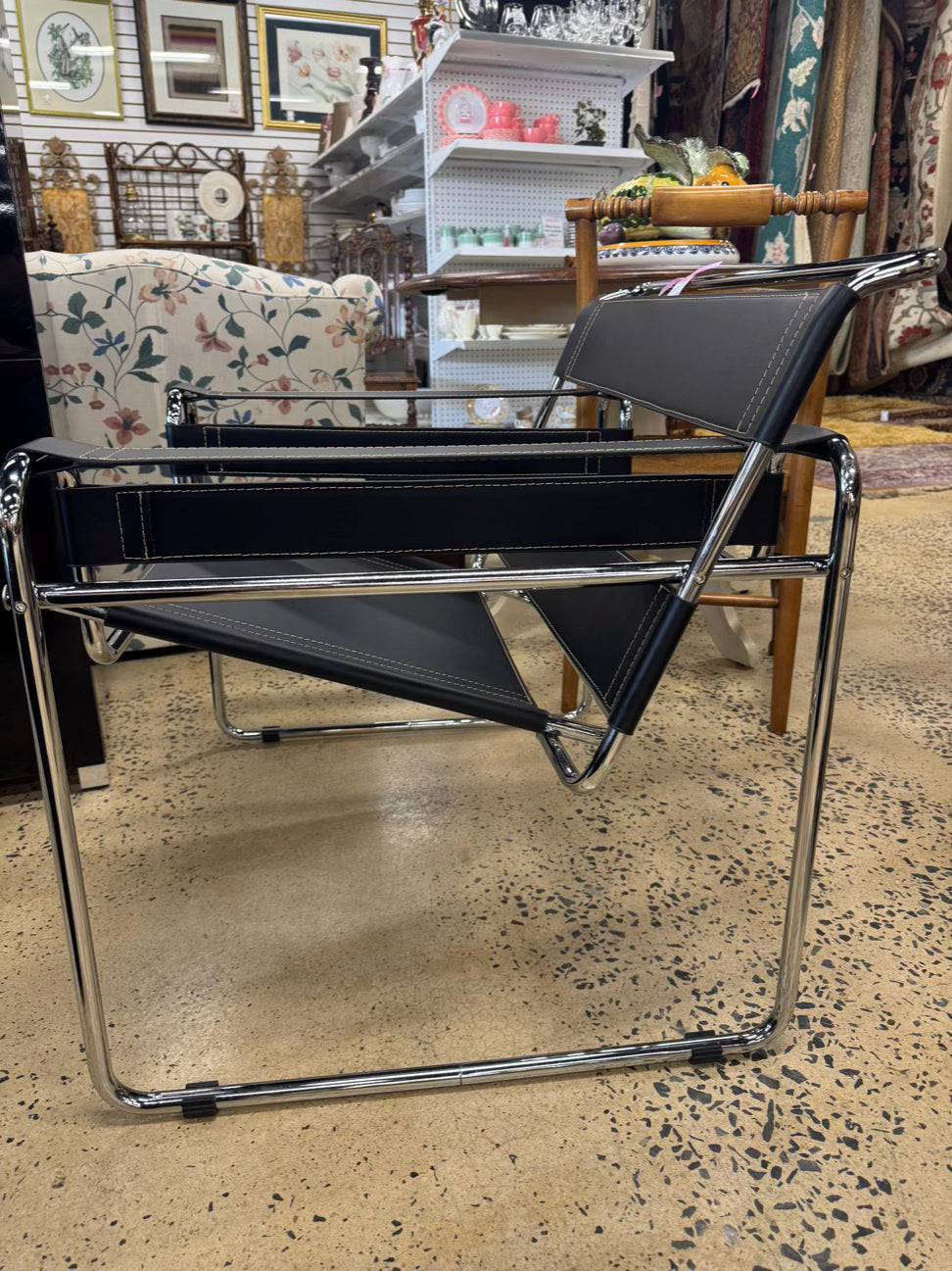 Silver & Black Metal & Faux Leather Mid Century Modern Chair