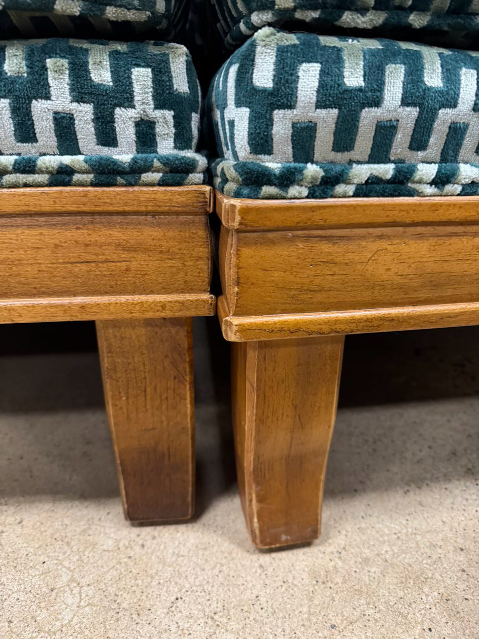 Wood Green Geometric Upholstered Pair of Chairs w/ Ottoman