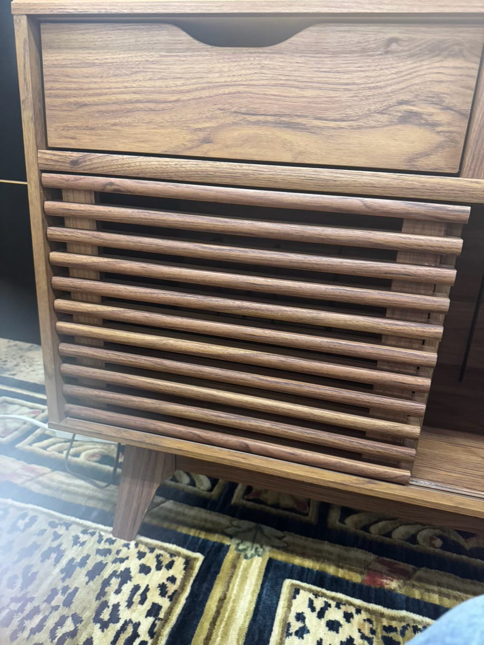 Wood Slat Record Cabinet w/ Sliding Door
