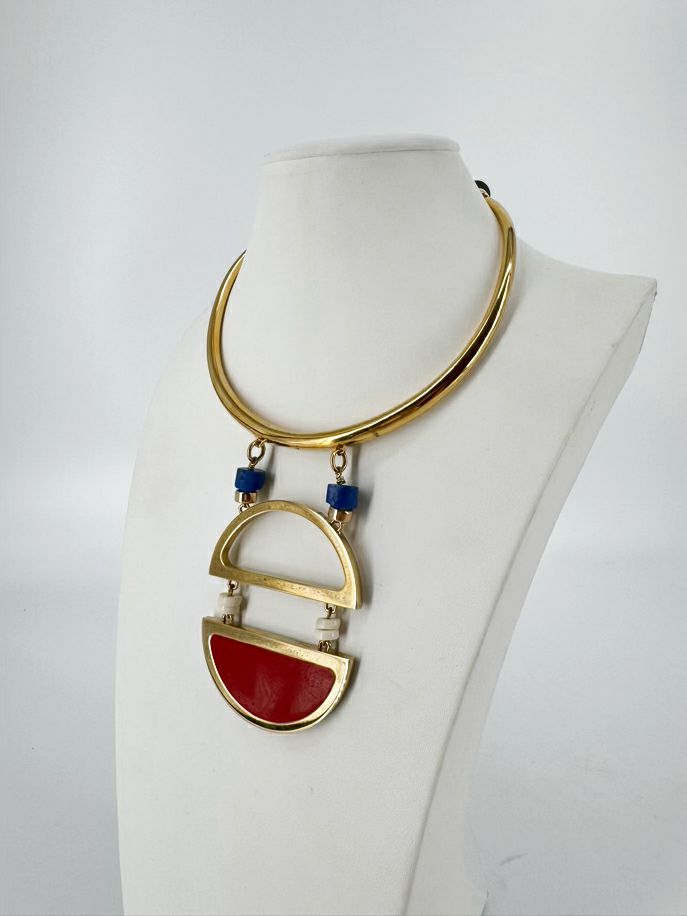 LIZZIE FORTUNADO Red, Blue, & Gold Tone Geometric Statement Necklace