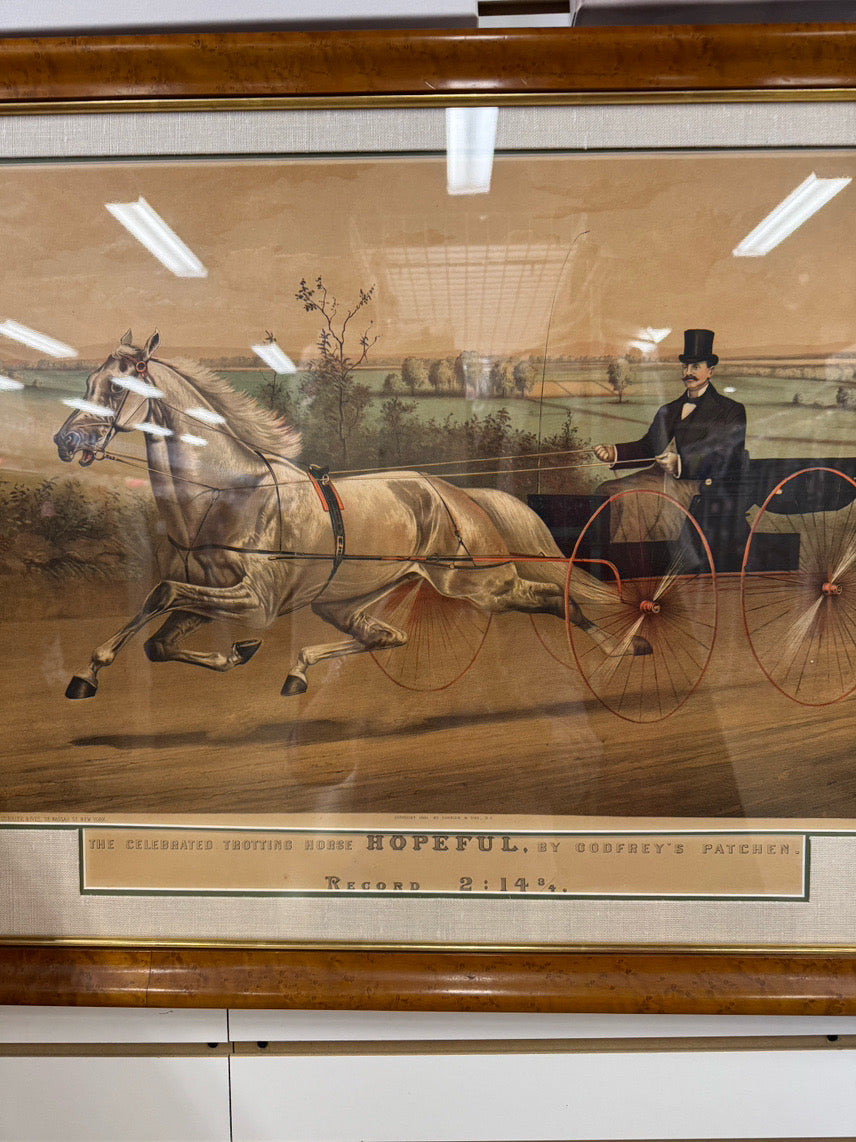CURRIER & IVES "The Celebrated Trotting Horse Hopeful by Godfrey's Patchen" Lithograph in Wood Frame