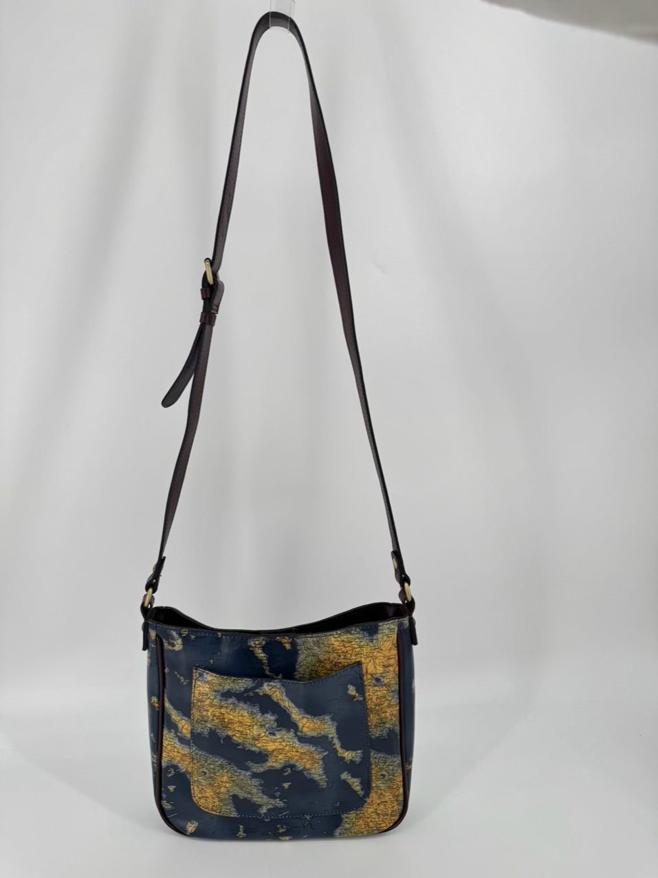 PATRICIA NASH Blue & Brown Leather Map Crossbody Bag