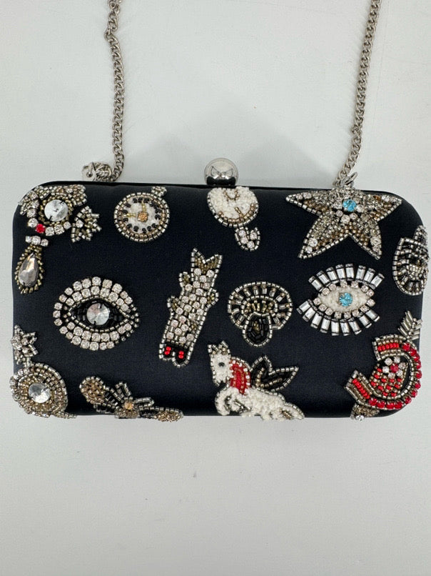 TIANA Black Beaded Eyes Clutch Bag w/ Crossbody Strap