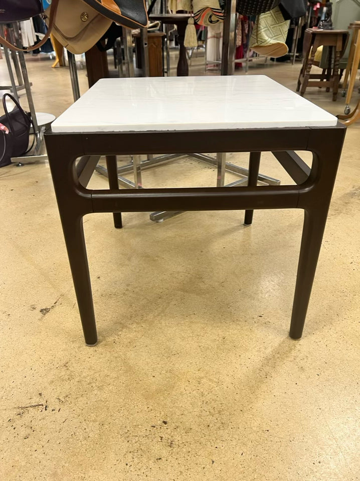 Brown & White Wood & Stone End Table