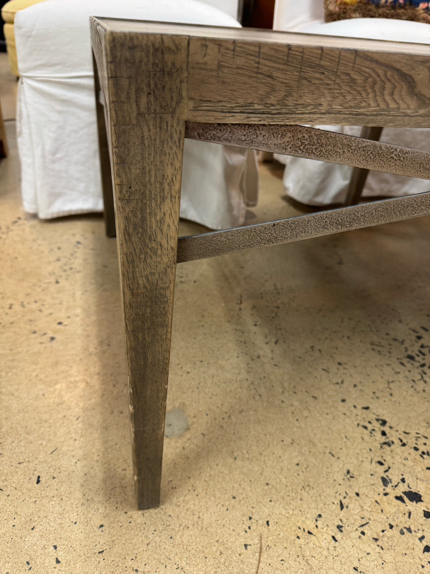 Wood Gray Wash Coffee Table w/ Metal Stretchers Detail