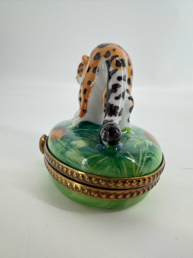LIMOGES Green & Brown Leopard Ceramic Trinket Box