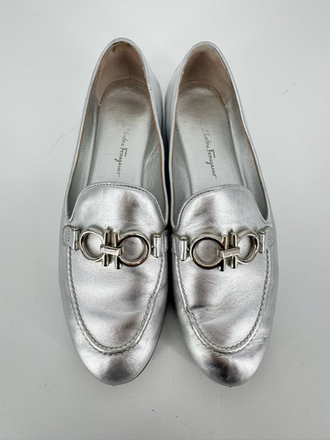 SALVATORE FERRAGAMO Size 8 Silver Leather Loafers