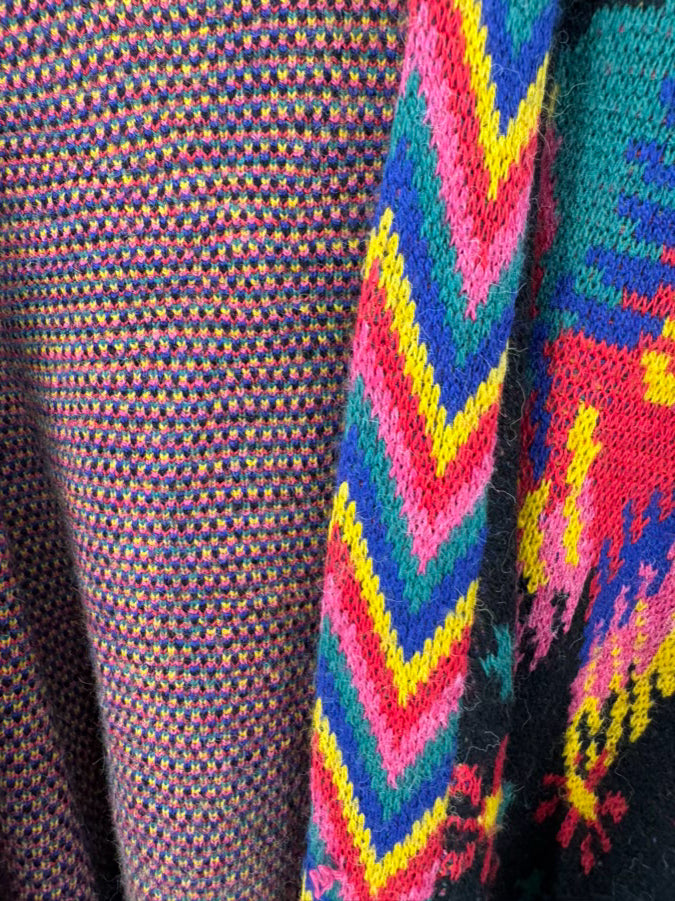 FARM RIO Size L Black & Multi-Color Knit Belted Cardigan