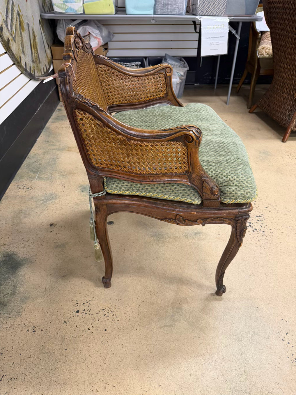 Louis XV Medium Brown Wood Chair w/ Cane Back & Seat Cushion