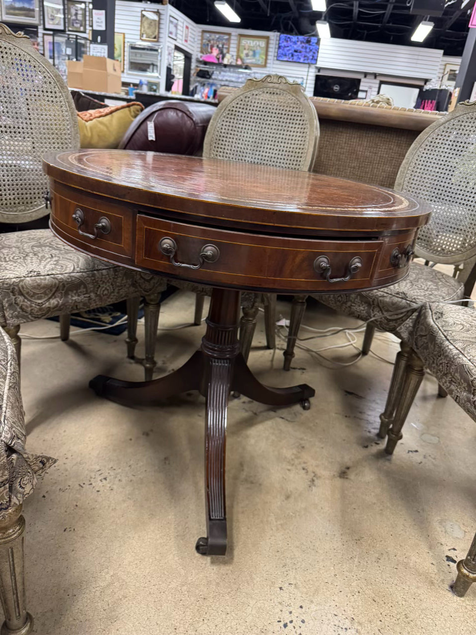 VINTAGE Wood Leather Top Round Occasional Table