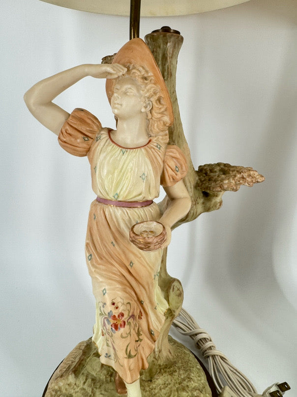 JAMES HADLEY Hand Painted Porcelain English Man & Woman Pair of Lamps