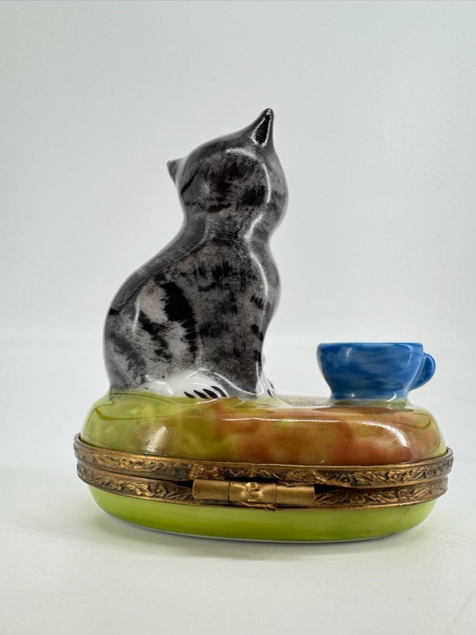 LIMOGES Black, Blue & Green Cat & Mug Ceramic Trinket Box
