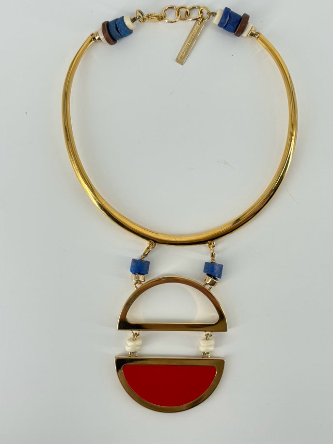 LIZZIE FORTUNADO Red, Blue, & Gold Tone Geometric Statement Necklace