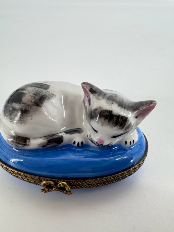 LIMOGES Black, White & Blue Cat on Blanket Ceramic Trinket Box