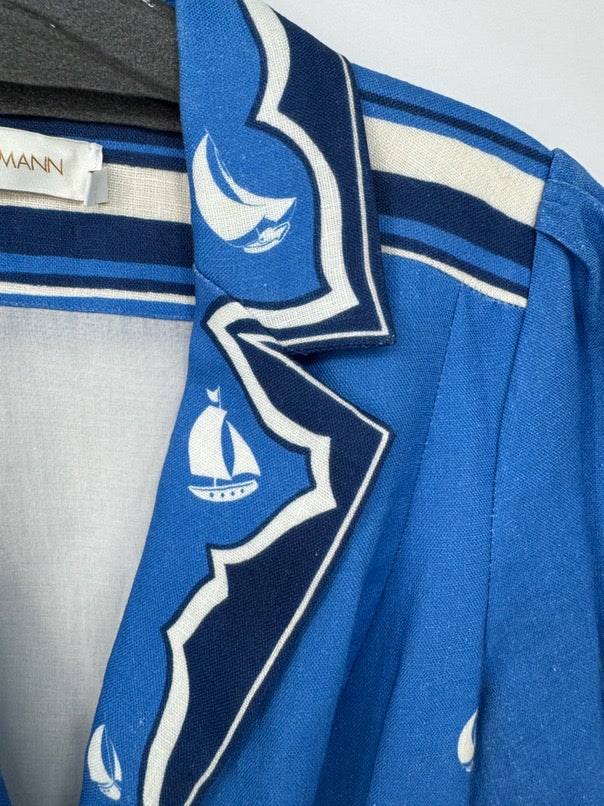 ZIMMERMANN Size 2 Blue Linen Sailboat Button Up Dress