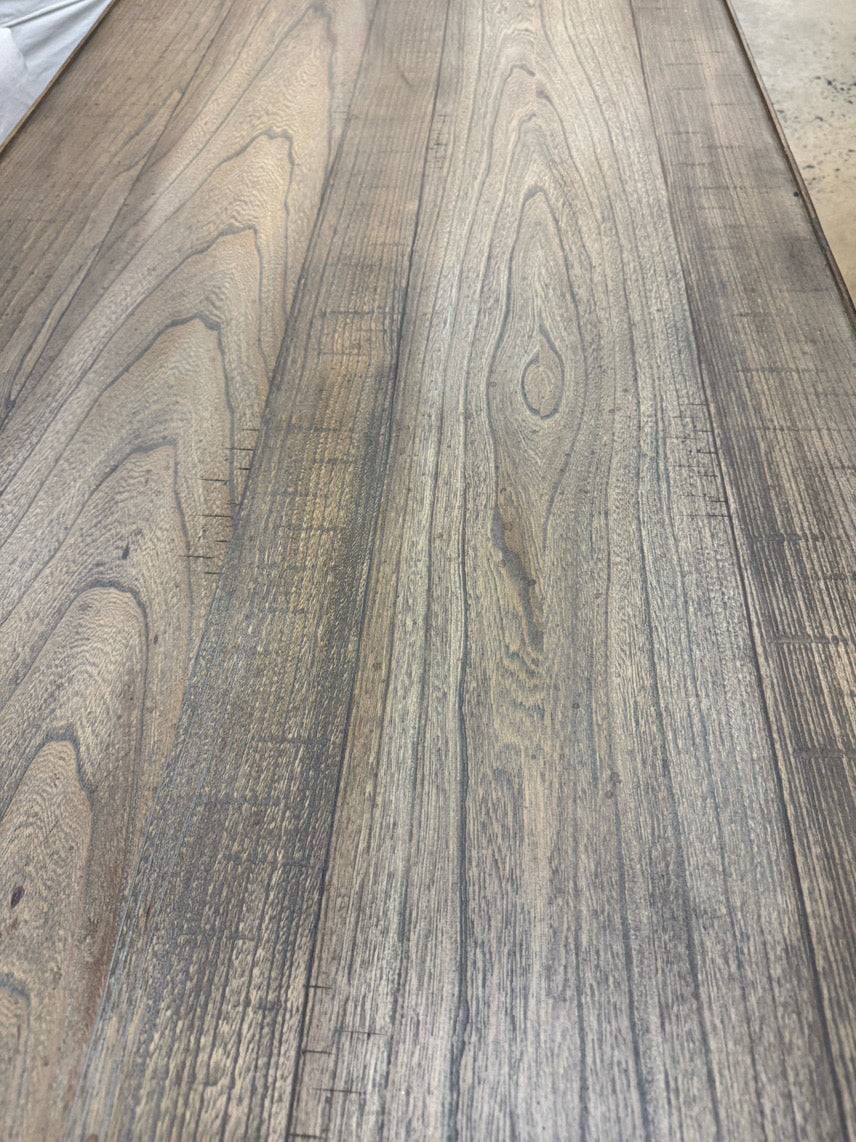 Wood Gray Wash Coffee Table w/ Metal Stretchers Detail