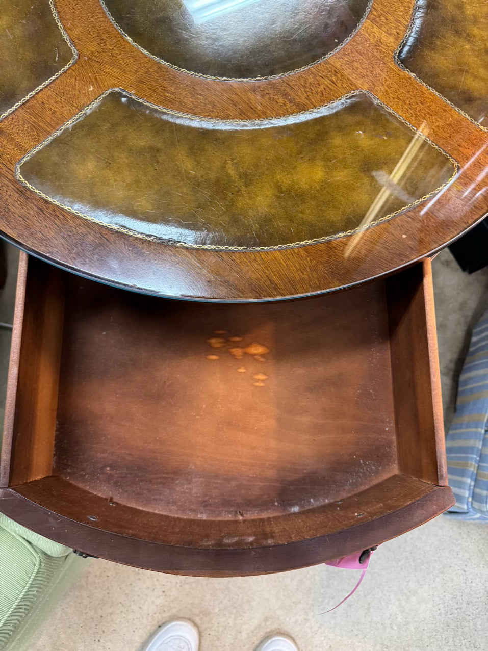 VINTAGE Wood & Leather Round Glass-top Occasional Table