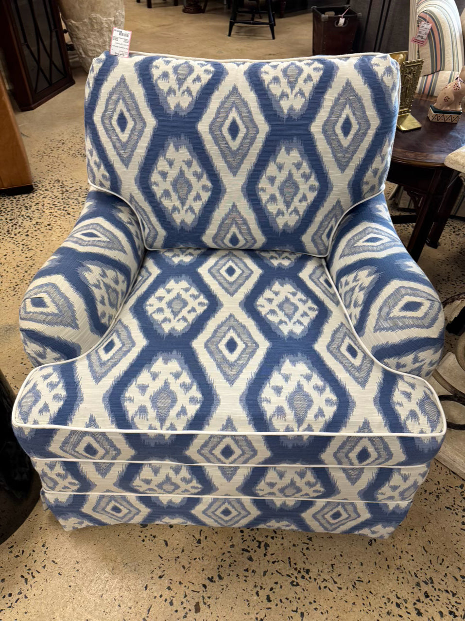 Blue & White Geometric Club Chair & Ottoman