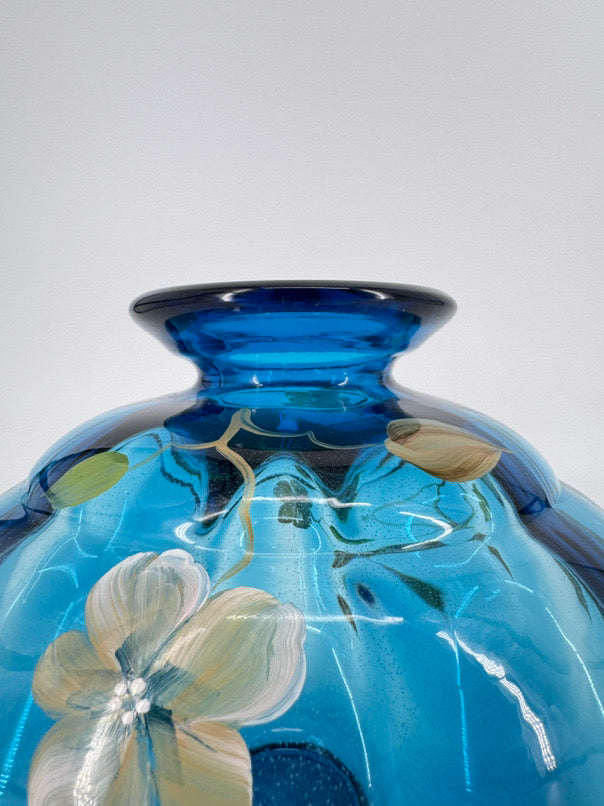 FENTON S. BRYAN Blue Glass Hand Painted Flowers Vase
